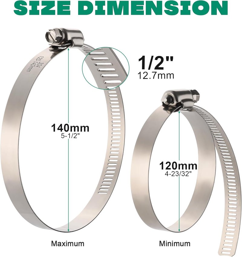 ORU Large Hose Clamps, 10 Pack 5 Inch Stainless Steel Hose Clamps Adjustable from 4-23/32"-5-1/2"/120-140mm, Metal Worm Gear Duct Clamp for Air Ducting, Dryer Vent Hose, Fuel Line, Automotive - Image 2